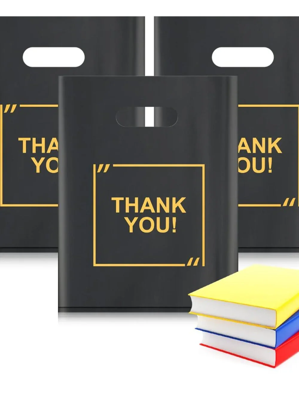 50 Pack Die Cut Plastic Shopping Bags with Thank You Logo 9x12 Merchandise Bags